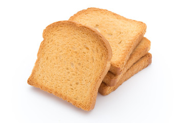Slices of toast bread on wooden table, top view.