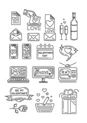 Line icons set for Valentine's Day and other romantic events. Gift box, calendar, rose flower, romantic message, appliances, heart with an inscription - Be my Valentine. Vector illustration