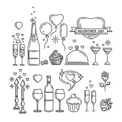 Line icons set for Valentine's Day and other romantic events. Romantic dinner. Bottle of wine, glasses, champagne, strawberries, cake, rose flower, candlelight. Vector illustration