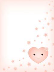 Vector white and pink background with illustration of a smiling heart and falling cherry flowers. Pastel tones. Vertical format. Place for text.