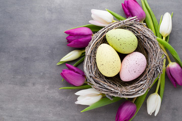 Obraz na płótnie Canvas Spring greeting card. Easter eggs in the nest. Spring flowers tu