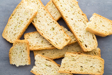 Garlic and herb bread slices. Eco food.