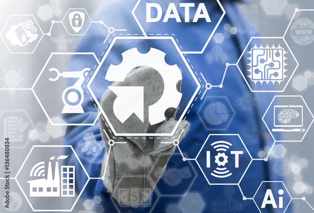 Poster integration industry 4.0 iot business web computing concept. gear arrow modernization industrial aut