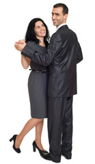 couple dancing, people dressed in classic black suit, isolated on white background