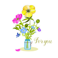 Wild flowers in a glass vase. hand drawn vector illustration