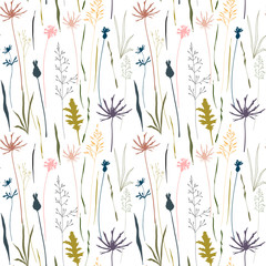 Vector floral pattern with wild meadow flowers, herbs and grasse
