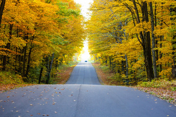 Colorful wooded Wisconsin countryside road with a car at the end on a autumn day.