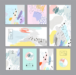 Set of artistic creative universal cards. Hand Drawn textures. Trendy graphic design
