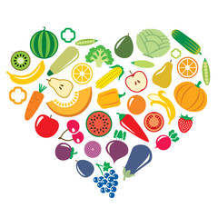 Vegetables and fruits in the shape of heart background vector