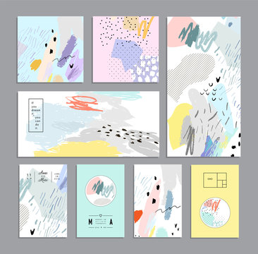 Set of artistic creative universal cards. Hand Drawn textures. Trendy graphic design