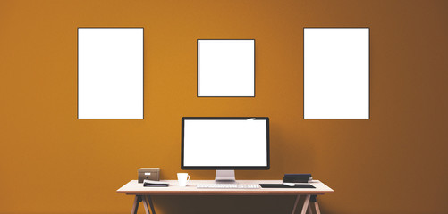 Computer display and office tools on desk. Desktop computer screen isolated. Modern creative workspace background.