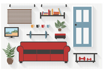 Basement Furniture Flat Icons with Exercise Weights - All Long Shadows on one layer - contains blends
