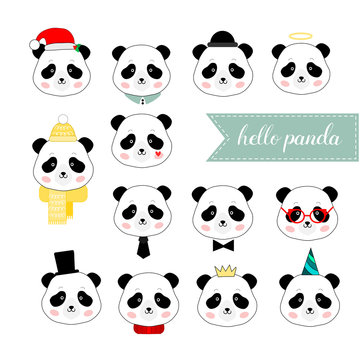 Set of panda boy faces, isolated vector illustration