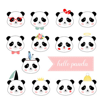 Set of panda girl faces, isolated vector illustration