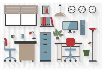 Flat Business Office Furniture Icons with Computers - All Long Shadows on one layer - contains blends

