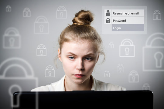 Young Slim Woman With Laptop. Forgot Password Concept.