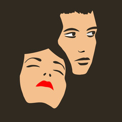 Two faces of young man and woman on dark background