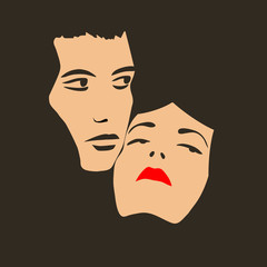 Two faces of young man and woman on dark background
