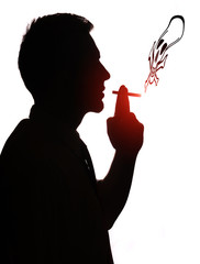Portrait of a smoking man with crossbones symbol