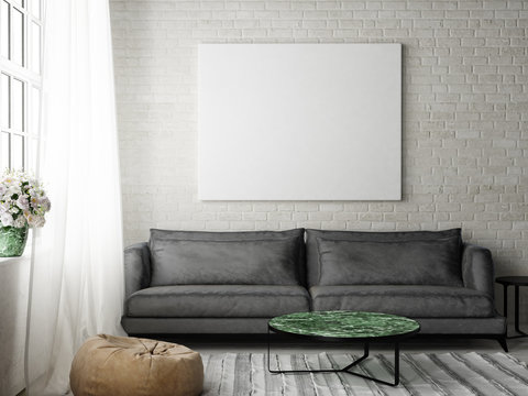 Hipster living room with mock up poster, 3d illustration