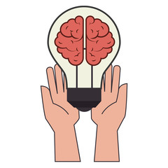 color silhouette with hands holding lightbulb with brain inside vector illustration