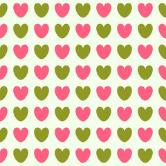 Pink and green hearts. Simple seamless vector pattern.