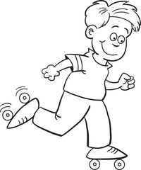Black and white illustration of a boy roller skating.
