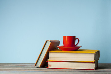 Stack book on wooden table.Education background. Back to school.Copy space for text.