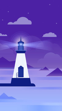 Lighthouse in a calm sea at night. Vector
