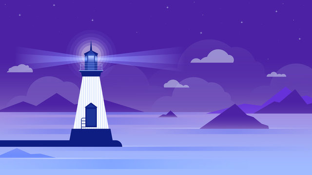 Lighthouse in a calm sea at night