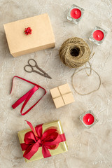 wrapping gifts in box for holiday top view mock up