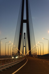 The tall cable-stayed bridge with lights on the sunset