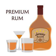 Alcohol drink, rum with glass. Jamaica rum in flat style