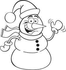 Black and white illustration of a snowman wearing a Santa hat and waving.