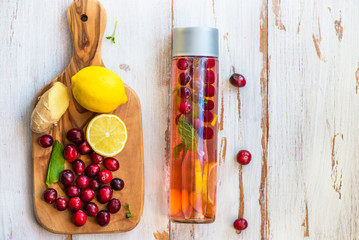 Detox Infused Water with Lemon, Cranberries, Ginger and Mint