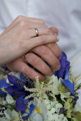 Fototapeta premium Bride and groom holding hands, wedding rings