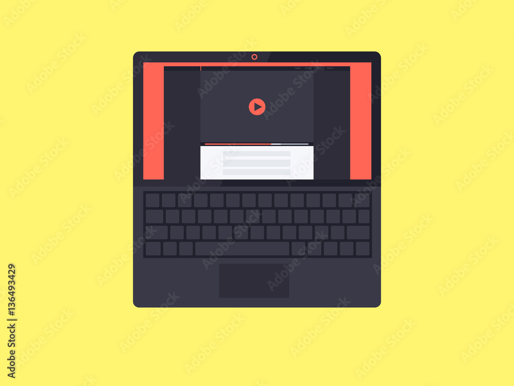 Poster laptop with video player interface on screen. flat vector illustration.