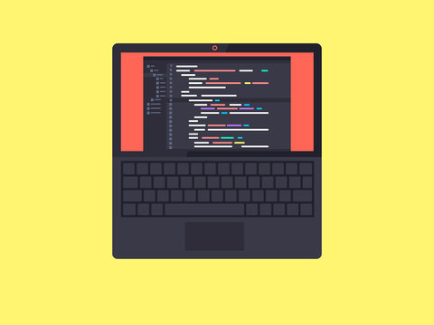 Programming and coding concept. Code on the screen laptop. Flat vector illustration.