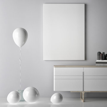 white poster with balloons, 3d illustration