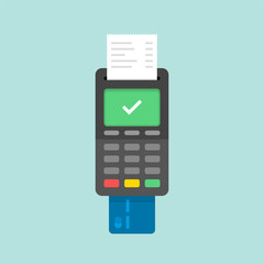 Payment by credit card using POS terminal, approved payment. Flat illustration.