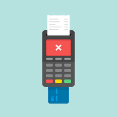 Payment by credit card using POS terminal, rejected payment. Flat illustration.