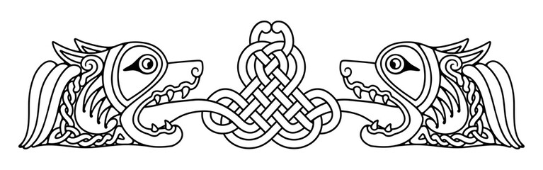Celtic zoomorphic national figure. Two Dogs head with open mouth and bared fangs looking at each other.