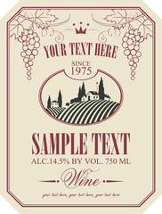 wine label with a landscape of vineyards