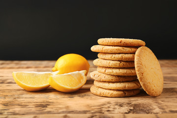 Lemon cookies with fresh fruit on table