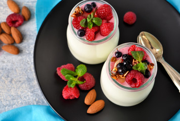 Vanilla yogurt with berries on a concrete background.