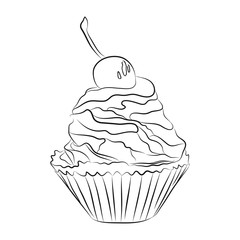 vector illustration of hand drawn cupcake with cherry on top