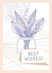 Greeting card with a modern style for a birthday, wedding, international women's day. A bouquet of flowers with wishes.