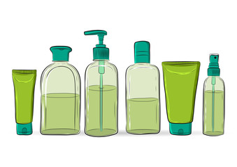 vector illustration of hand drawn bottles for cosmetics