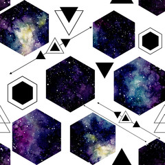 Seamless Pattern of Watercolor Violet Nebula in Hexagon