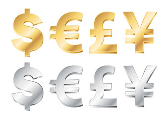 vector illustration of four currency signs in gold and silver